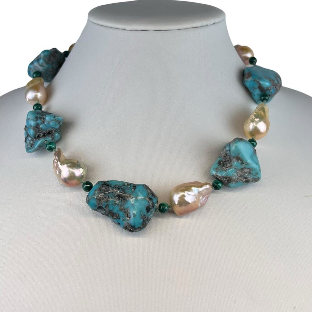 Dallas Prince Turquoise Malachite Baroque Pearl Sterling Silver Necklace 19"